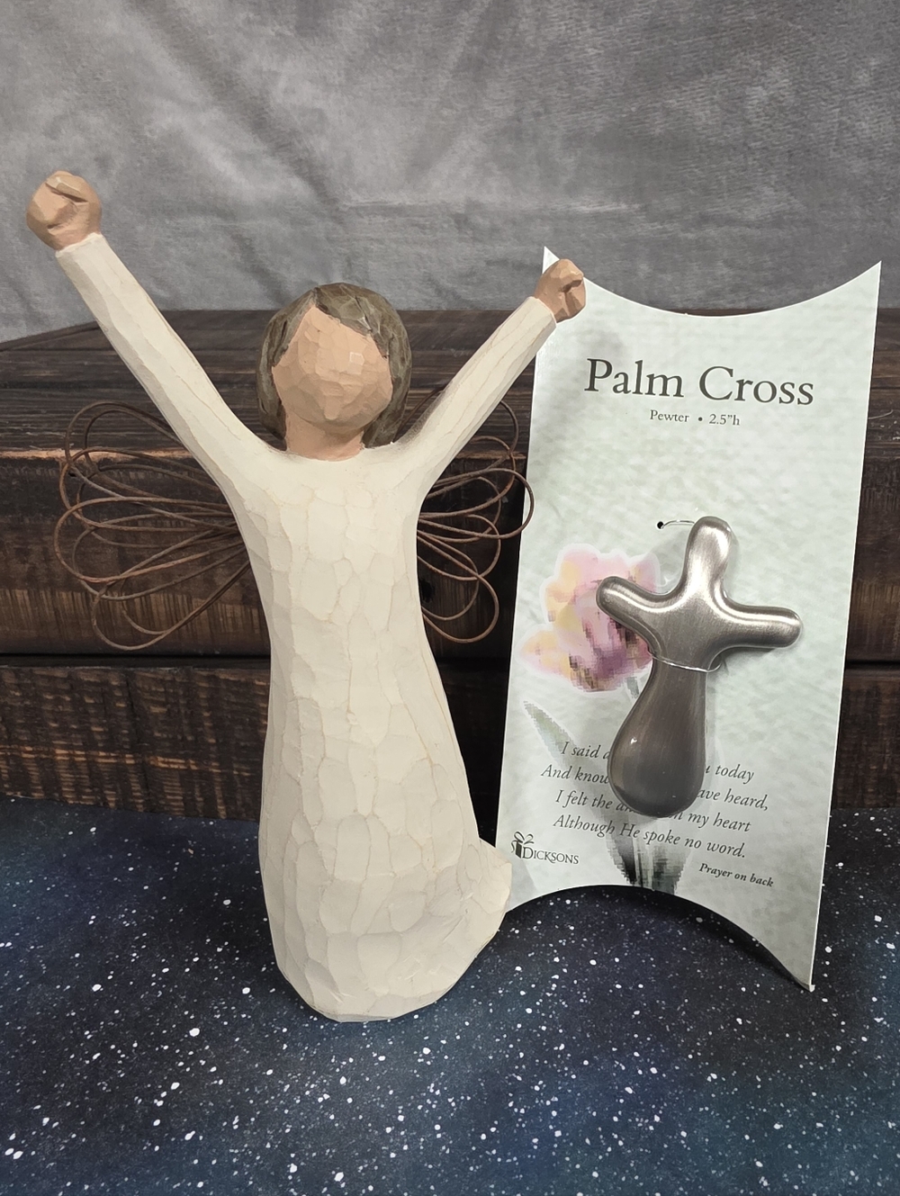 Willow Tree Angel of Courage and Dicksons Pewter Palm Cross Christian Gift